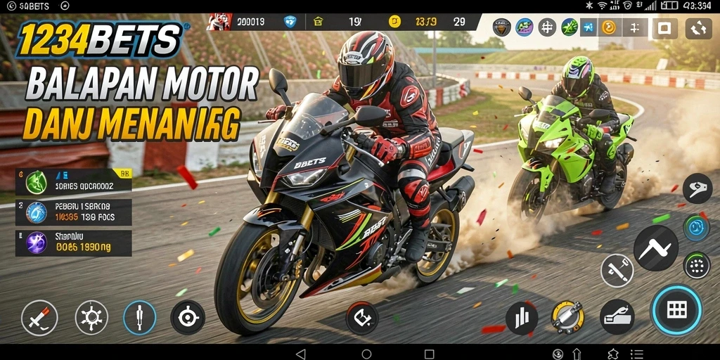 Screenshot gameplay 1234BETS menampilkan aksi balapan motor yang mendebarkan.