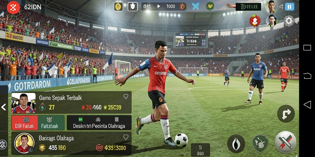 Tampilan gameplay utama 62IDN dengan aksi pertandingan sepak bola.