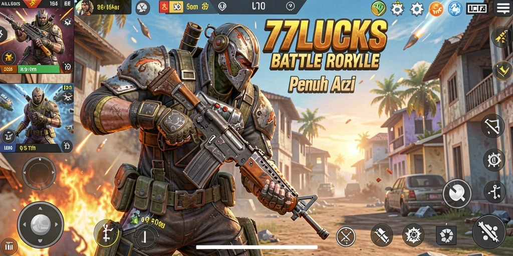 Tampilan menarik screenshot gameplay 77LUCKS saat pertempuran Battle Royale.