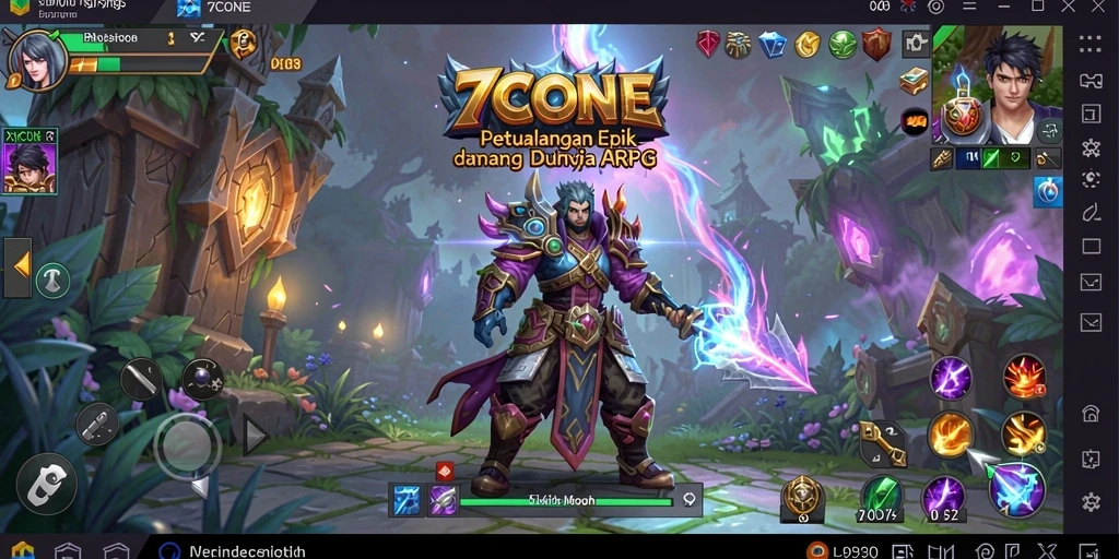 Screenshot gameplay 7CONE menampilkan pertempuran epik dalam dunia fantasi.