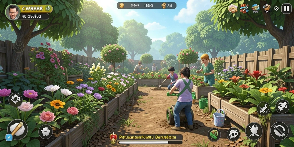Tangkapan layar gameplay CW8888 menampilkan aktivitas berkebun yang seru.