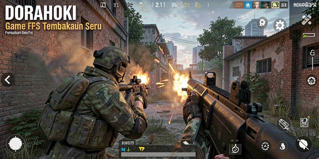 Tampilan gameplay DORAHOKI yang intens dan mendebarkan dalam aksi FPS.