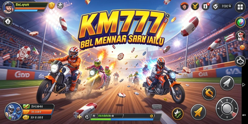 Tampilan gameplay KM777 yang penuh aksi dan balapan yang mendebarkan.