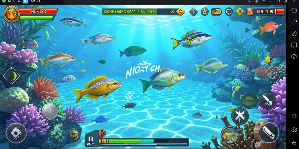 Gameplay seru Tembak Ikan di NOX123 dengan ikan berwarna-warni.
