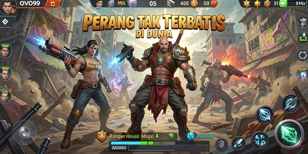 Tampilan aksi intens gameplay OVO99 dalam pertempuran MOBA.