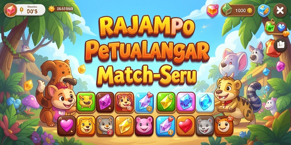 Gameplay seru RAJAMPO dengan permata berwarna-warni yang menantang.