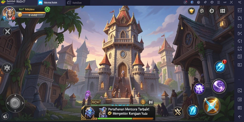 Screenshot RICH7 menampilkan serangan menara melawan gelombang musuh.