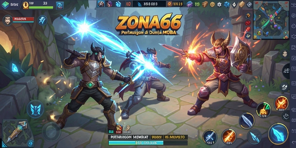 Screenshot ZONA66 menampilkan pertempuran intens di arena MOBA.
